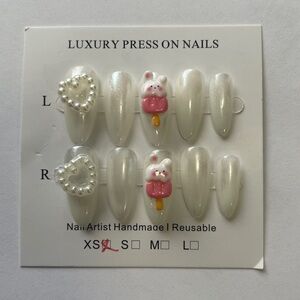 Luxury Press On Nails Hand Made with Pearl and Bunny Design